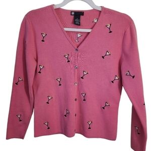 Carole Little Martini Novelty Print Embroidered Cardigan Sweater Size S